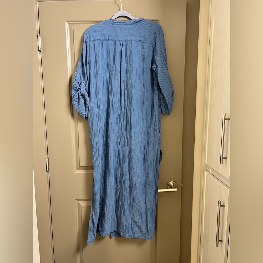 Everyday Ritual Tracy Gauze Cotton Henley Caftan Blue Large - Picture 3 of 5